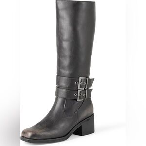 (F)The Drop women's sage-colored knee-high motorcycle boots with buckles,7.5,8.5
